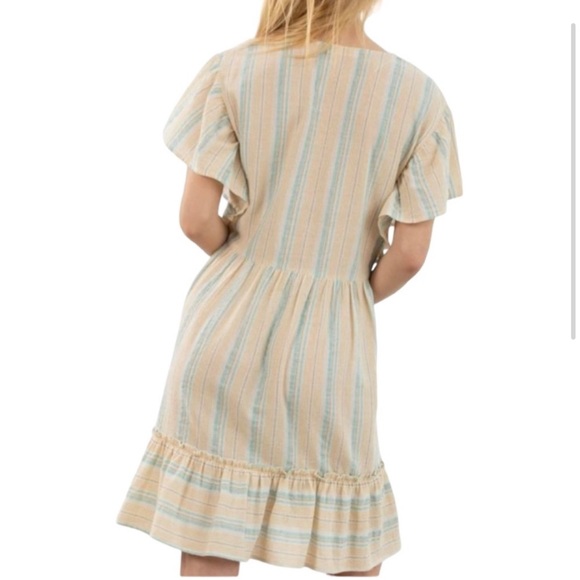 007.NWT Natural/Lilac/Green Stripe Babydoll V-Neck Dress - Picture 2 of 12